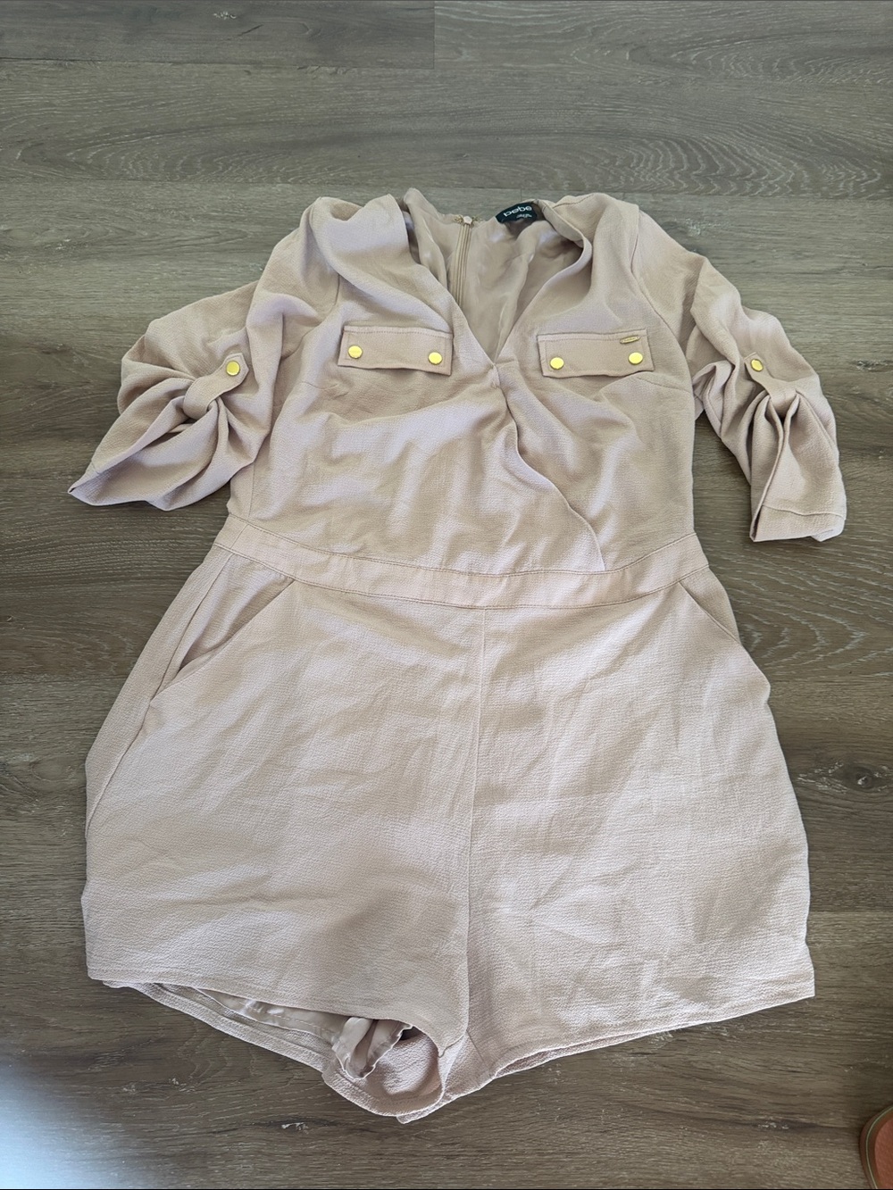 bebe Taupe Utility Romper with Gold Buttons